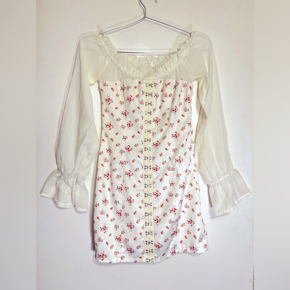Eggie Long Sleeve Off Shoulder Mini Floral Dress